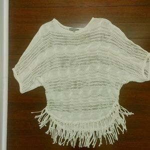 Short Sleeve White Crochet Top with Fringe Sz. Medium